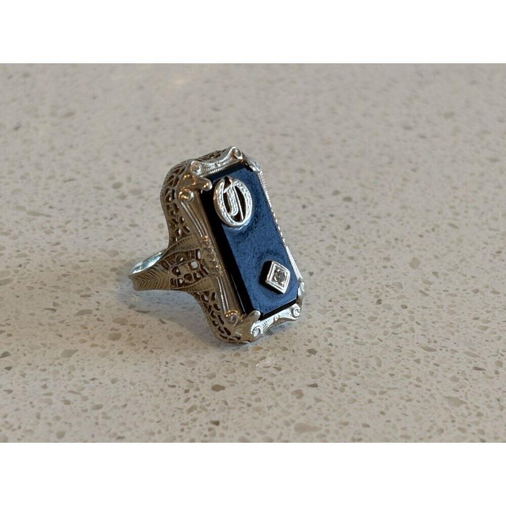Antique Ladies 1926 Art Deco Filigree 14k White Gold Onyx Initial O Ring Sz 6